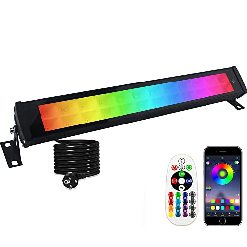 Foco LED RGB exterior 50 W, Indmird luz LED RGB de parede com APP Bluetooth e controlo remoto, IP66 impermeável barras de luz RGB de 16 cores projetor LED para interior jardim festa Halloween