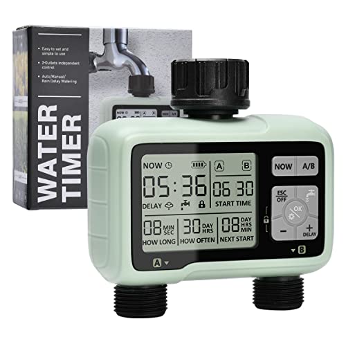 Programador de rega de 2 saídas, temporizador de rega digital, automático/manual/com atraso de chuva, impermeável IPX5, para mangueiras de jardim