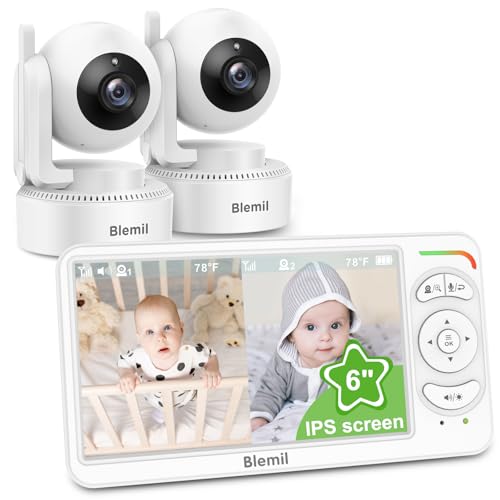Blemil Monitor de bebé, monitor de vídeo de bebé com 2 câmaras e áudio, 6 polegadas grandes divididas IPS, câmara de monitor de vídeo com visão noturna clara
