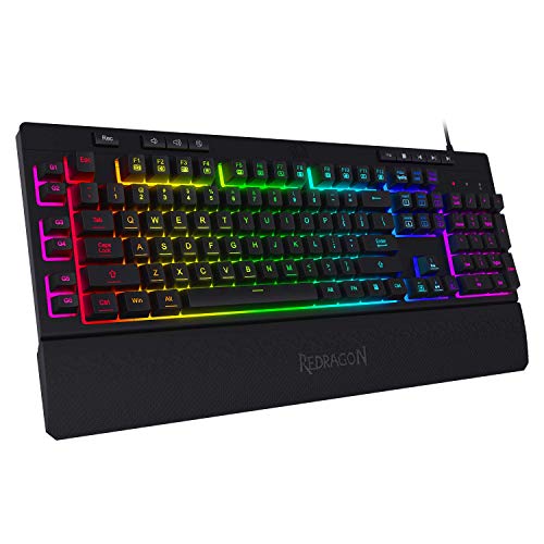 Redragon K512 Shiva RGB Teclado de membrana retroiluminada para jogos com teclas multimédia, interruptor linear de sensação mecânica, 6 teclas macro adicionais a bordo, controlo multimédia dedicado,