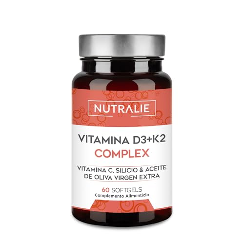Nutralie Vitamina D3 10.000 UI K2 MK7 Alta dose. Contribui para o sistema imunitário, ossos e músculos com vitamina D3, K2, C, silício e azeite virgem extra. 60 cápsulas