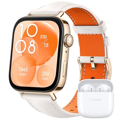 Huawei Watch Fit 3, ecrã AMOLED de 1,82 polegadas, design ultrafino, chamadas por Bluetooth, bateria de até 10 dias, compatível com Android & iOS +Freebuds SE 2, couro branco