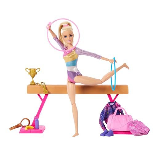 Barbie Pode ser boneca ginástica loira com conjunto de jogos, barra de equilíbrio e acessórios de ginástica, brinquedo + 3 anos (Mattel HRG52)