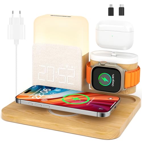 Carregador sem fios 3 em 1, compatível com iPhone Apple Watch Air-Pods, estação de carregamento para Samsung, candeeiro de mesa de cabeceira, relógio despertador digital de luz, Wireless Charger 16/15
