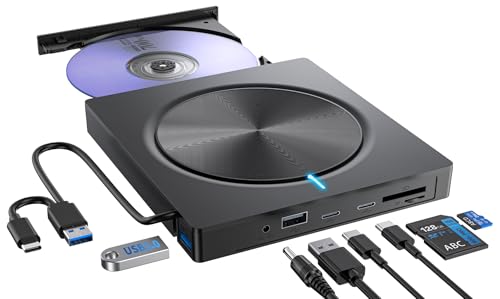 Leitor CD/DVD externo, gravador USB 3.0 e Type-C, reprodutor de DVD portátil, unidades CD/DVD -RW/ROM, leitor de cartões SD TF e 4 portas USB-A/C para PC/Windows 11/10/8/7/XP/MacOS/Linux