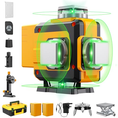Modo duplo: nível laser verde 4 x 360°, nível laser profissional 4D de 16 fios, nível laser automático, IP54 à prova de pó, resistente à água, 2 baterias recarregáveis de 4800 mAh