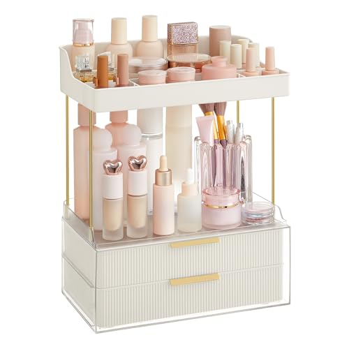 SONGMICS Organizador de maquilhagem de 4 camadas, organizador de cosméticos, 4 divisórias, design antiderrapante, versátil para toucador, quarto, cozinha, 20 x 32 x 39,1 cm, branca nuvem JKA021W01