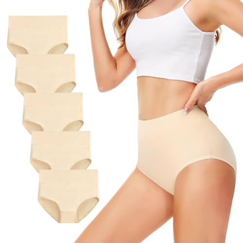 TUUHAW Cuecas de cintura subida em algodão para mulher, pack de 5 cuecas, confortáveis