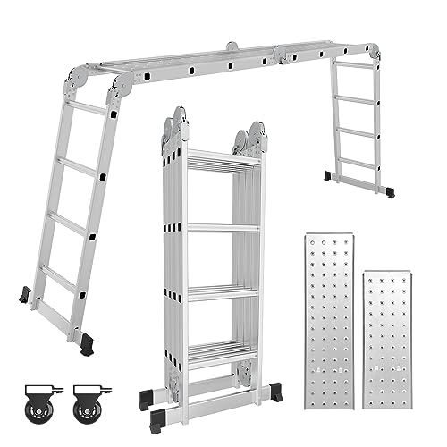 Cecaylie Escada multiusos de alumínio, 470 cm, 4 x 4 m, escada dobrável multifuncional com 2 placas de andaime e 2 rodas, 12 degraus, escada 7 em 1, estável e portátil