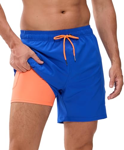 Kfnire Calções de banho para homem com forro de compressão e bolsos, calções de banho para natação secagem rápida hidrofugo para homem