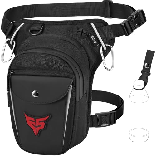 Eshow Perna de motocicleta expansível, pochetes com porta-garrafas e tira refletora para homem e mulher, bolsa perna para ciclismo montanhismo viagens caminhadas trabalho acampamento escalada preto