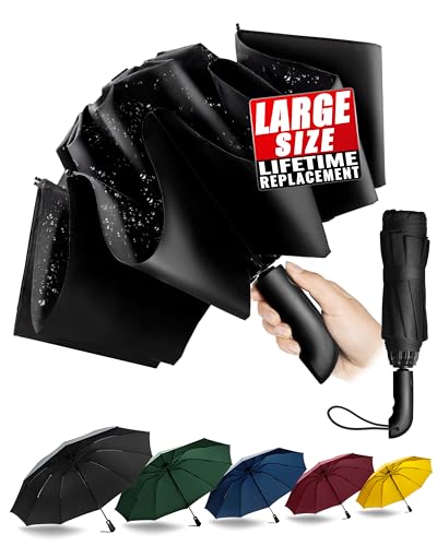 Guarda-chuva dobrável compacto – Guarda-chuva invertido de dobramento automático à prova de vento para homens, tecido 210 T abrange 105 cm guarda-chuva grande de 10 hastes presentes originais, Preto,