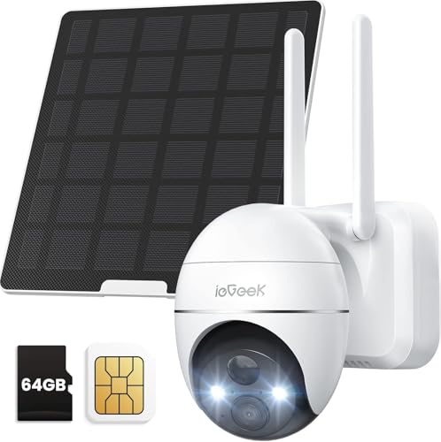 ieGeek 4G/3G LTE câmara de vigilância exterior solar sem fio, 2K IP câmara cartão SIM com bateria 1000 mAh, visão noturna cor, PIR deteção humana, PTZ 355°120°, alarme de luz e som