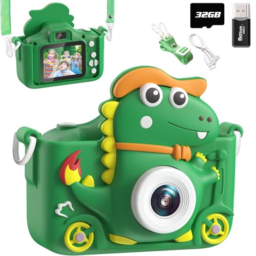 Câmara de fotos infantil dinossauro, 2" 1080P câmara digital, HD Selfie Apareille Photo 32G, Eouet infantil e presente menina 3 4 5 6 7 8 9 10 11 12 anos, bons jogos para crianças (verde )