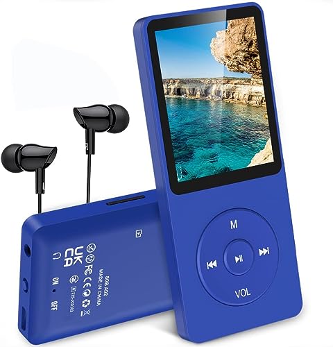 AGPTEK Leitor MP3 de 16 GB, ecrã de 1,8" com auriculares para leitor desportivo portátil, leitor de música som sem perdas, altifalante, rádio FM, vídeo, externo até 128 GB, azul