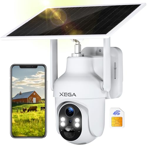 Xega 4G LTE Câmara solar com cartão SIM, 2K HD PTZ câmara exterior painel solar 6 W baterias 10400 mAh, foco e sereia visão noturna em cor PIR deteção humana armazenamento TF/Cloud IP66