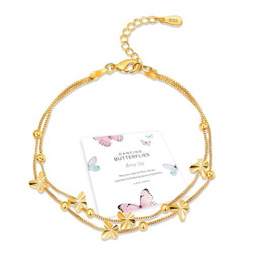 XOEMEL Pulseira de prata 925 para mulher, borboletas, pulseira de ouro rosa para mulher com pérolas, pulseira ajustável em camadas, pulseiras de amizade, presentes para mulheres, 17,7 polegadas