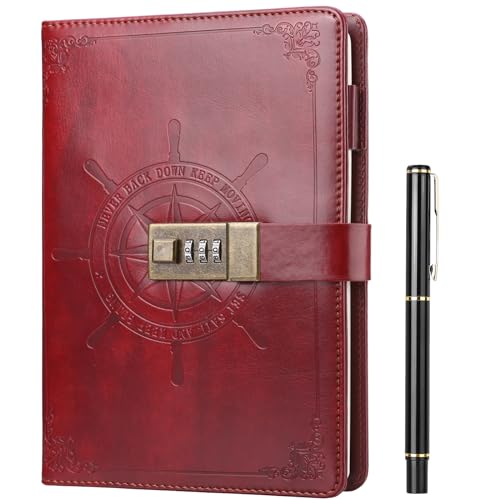 Kesote Diário com senha caderno de capa dura com fechadura de combinação diário secreto A5 com caneta registo de trabalho para mulheres homens 212 páginas (castanho avermelhado)