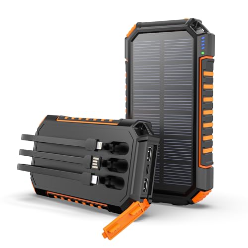Carregador solar 27000 mAh Power Bank - Hiluckey 15 W portátil bateria externa USB C carregamento rápido com 3 cabos e 3 portas para smartphones, tablets e campismo ao ar livre