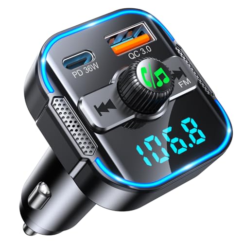 Glangeh 2025 Transmissor FM Bluetooth carro 5,3 【PD 36W + QC 18 W: 2 em 1 【Microfones duplos: recetor Bluetooth e carregador rápido, kit mãos livres carro Bluetooth, assistente Siri/música carro