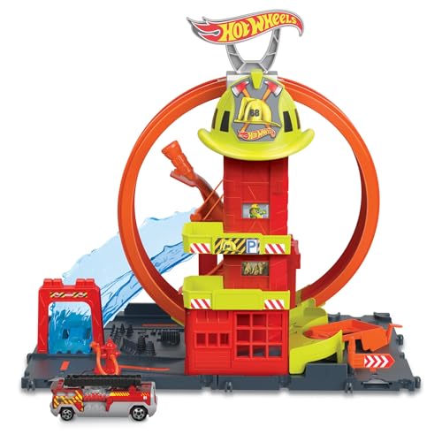 Hot Wheels City Super Bombeiros pista para carros de brinquedo, inclui 1 veículo, + 4 anos (Mattel HKX41)