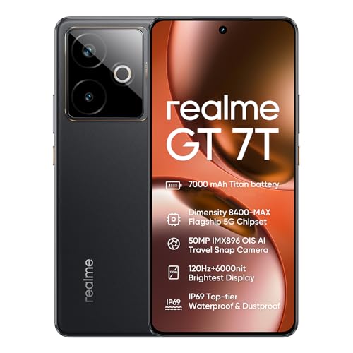 realme GT 7T 5G Smartphone, bateria 7000 mAh, Dimensity 8400-MAX, câmara 50 MP+32 MP, 120Hz 6,78" ecrã, 12 GB + 256 GB telemóvel, Dual SIM Android 15, NFC IP69, sem C. Armador, preto