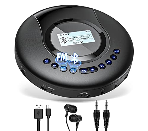 Arafuna Leitor de CD portátil, leitor de CD Bluetooth para carro e crianças, disco CD portátil recarregável de 2000 mAh, proteção à prova de impactos, rádio FM, tomadas duplas para auriculares