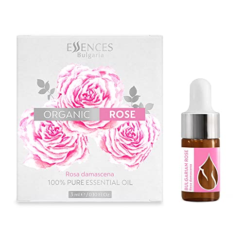 Essences Bulgaria Óleo essencial de rosa orgânico 3 ml, rosa damascena, 100% puro e natural, sem diluir, grau terapêutico, quinta familiar, desestilado a vapor, sem OGM, vegano