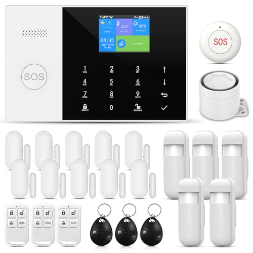 PGST Alarmes para casa WiFi, sistemas de segurança doméstica com 10 portas de sensor, 5 PIR, 3 controlos remotos, 1 sereia com 120DB, compatível com Alexa e Google Assistant
