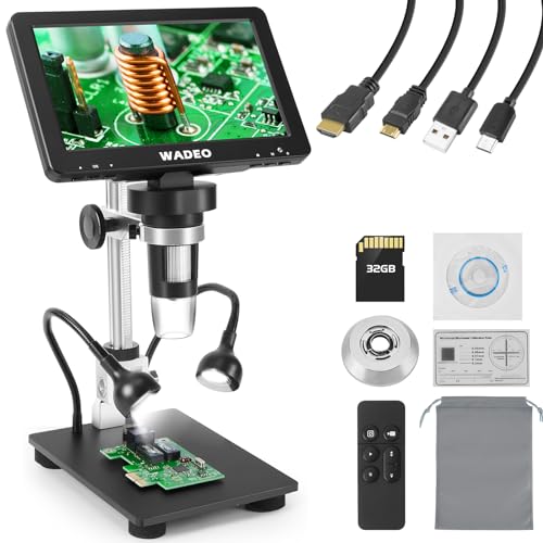 WADEO Microscópio digital de 7 polegadas 1200 X, 16 MP 1080P Microscópio de moedas com 8 luzes LED e luz de enchimento, compatível com PC/TV, Windows/Mac OS, com cartão 32G e controlo remoto