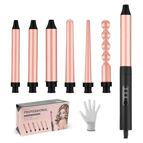 flintronic 6 em 1 Modelador de cabelo, 19/25/32 mm de ferro de ondulação, aquecimento rápido PTC, 180 °C - 200 °C temperatura ajustável, revestimento de cerâmica, com luvas, adequado para todos os