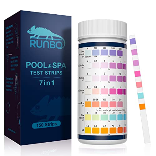 RUNBO 150 tiras reativas de teste de piscina e spa, 7 em 1, tiras para banheira de hidromassagem pH teste, alcalinidade, dureza total, medidor de cloro livre, ácido cianúrico, cloro e bromo
