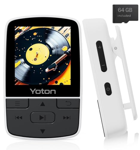 YOTON Leitor MP3 com Bluetooth 5.2, HiFi-Music, 64 GB de grande armazenamento, com clipe desportivo, tamanho mini, botão de volume independente, rádio FM, auriculares incluídos, branco
