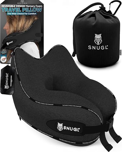 SNUGL Almofada de viagem ergonómica, almofada pescoço de viagem com espuma viscoelástica, almofada cervical com bolsa de transporte para carro e avião, (preto - adulto regular)