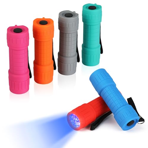 EverBrite Lanternas UV de 6 peças com 9 LED 395 nm, mini lanterna de luz preta, mini lanterna UV colorida, baterias incluídas, 6 cores, para detetar urina de animais de estimação, manchas, percevejos