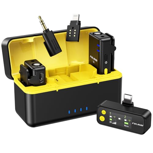 FULAIM X5M Microfone sem fios Lavalier para iPhone, iPad, Samsung (com estojo de carregamento), microfone de lapela para câmara Android, microfone para Youtube, VLOG, TikTok, 18 horas de bateria, 200