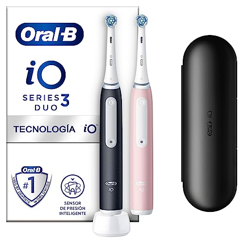 Oral-B iO 3 Escovas de dentes elétricas (pacote de 2) com 2 cabeças, 1 estojo de viagem, desenhado por Braun, presentes originais para mulher e homem - preto e rosa