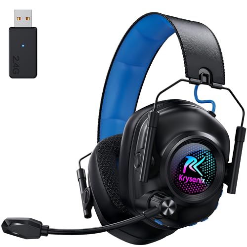Krysenix KGH2 Capacetes Gaming sem fios, 2,4 GHz auriculares Gaming para PS4, PS5, PC, Mac, Switch, auriculares Bluetooth com microfone, cancelamento de ruído, luz LED e duração 40 Hr+, preto azul