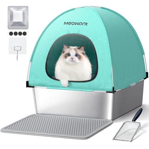 MeoWant - Bandeja para gatos de aço inoxidável, XXL com pá, tipo fechado em forma de U, inodoro, para gatos removíveis com capa de tecido Oxford