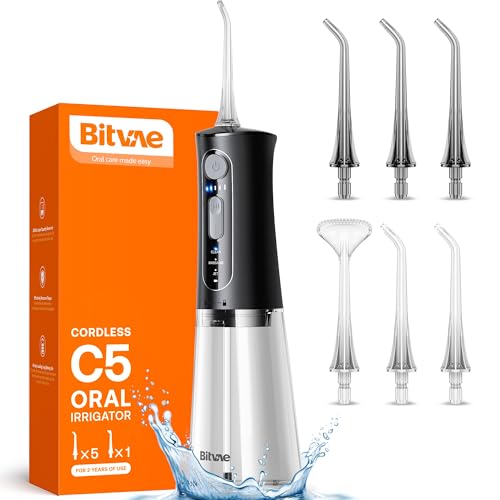 Irrigador bucal portátil, Bitvae Irrigador Dental sem fios profissional 6 Intensities and 3 Mode, IPX7 impermeável USB recarregável para limpeza de dentes, para casa e viagens, preto