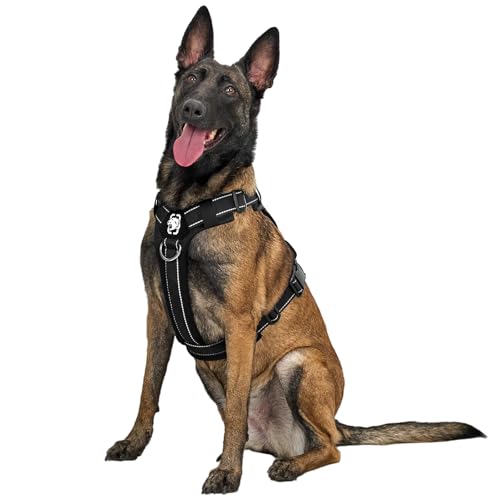 OneTigris Arnês para cães, diesel, ajustável, tático, macio, acolchoado, arnês para cães médios e grandes, com reflexo, 1 pega, 3 argolas em D (preto, XL)