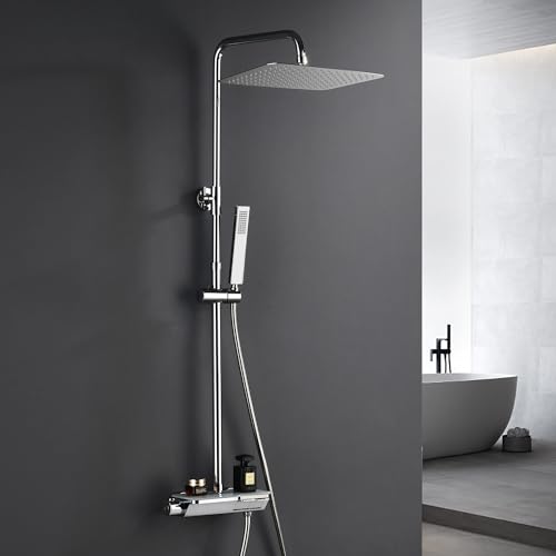 Görbach Coluna de chuveiro termostática de aço inoxidável 304, torneira de chuveiro com cabeça com misturador, conjunto de chuveiro de chuva com cabeça (35 x 25 cm)