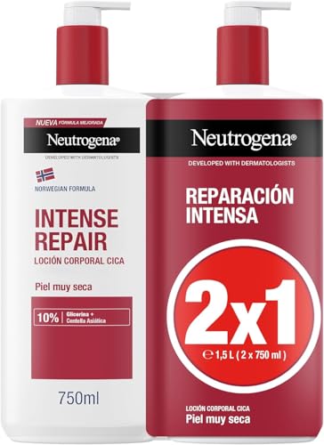 Neutrogena Fórmula Noruega loção corporal CICA reparação intensa para pele seca (embalagem de 2 x 750 ml), creme hidratante corporal reparador com centelha asiática