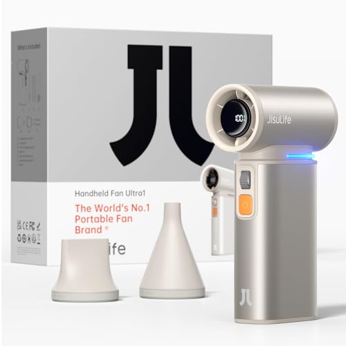 JISULIFE Ventoinha turbo de mão com função de espanador de ar, ventilador de jato portátil com 1 - 100 velocidades, recarregável USB para limpeza de teclado/acampamento ao ar livre - bege metálico