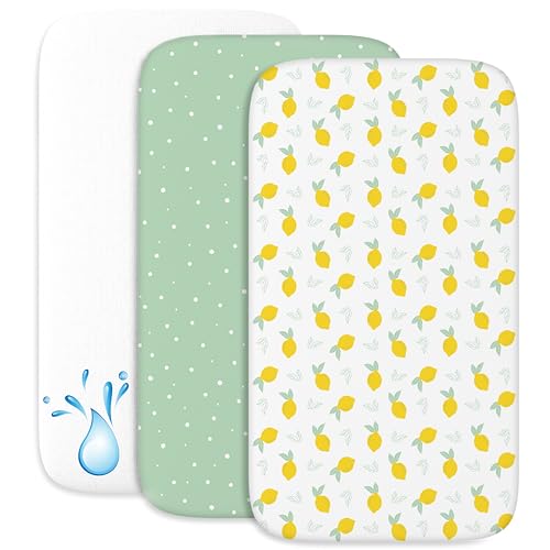 2 Lençóis miniberço + 1 capa de colchão para miniberços para bebés impermeável elástico, lote de 3 roupa de berço - tamanho 55 x 90 cm, compatível com berços, colchão - menino e menina - limão