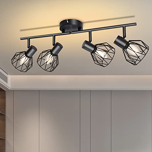 KYOTECH Candeeiro de teto LED com 4 focos E14 ajustáveis e giratórios - candeeiro retro preto para quarto, salas - sem lâmpada