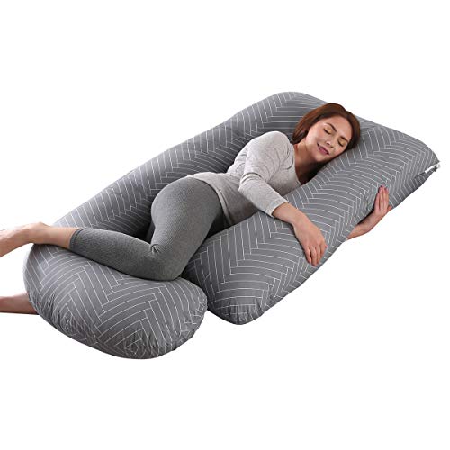 Shanna Almofada de dormir grávida, almofada amamentação de corpo inteiro, grande atualização em forma de U e suporte de maternidade com capa de algodão substituível (cinzento às riscas)