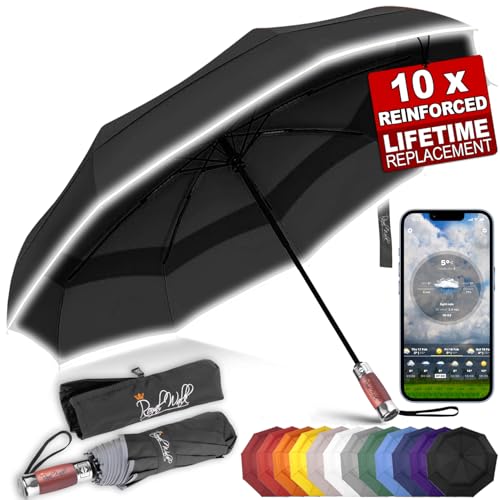 Royal Walk Guarda-chuva dobrável antivento para homem e mulher abertura e fecho automático, compacto e forte, cabo de madeira real de luxo, guarda-chuva resistente ao vento refletor com tampa dupla