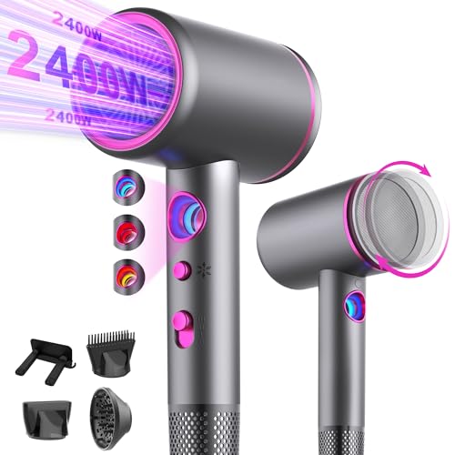 Tisoutec Secador de cabelo profissional de iões com motor AC 2400 W, difusor de cabelo 4 em 1, botão quente/frio, 3 níveis de calor, 3 níveis de velocidade, inclui