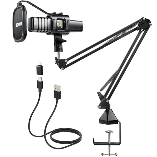 TONOR Microfone PC de condensador USB Mic para streaming e jogos, gravação padrão polar cardioide para podcast Youtube gravar música ASMR e jogo de vídeo, conjunto de micro com suporte de braço, TC30+